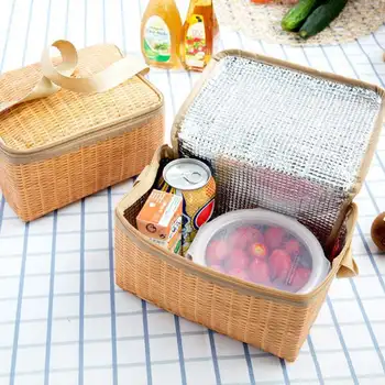 Přenosné Izolované Tepelné Chladič Oběd Box pro Děti Plátno Imitace Ratanu Taška Lunchbox Jídlo Kontejner Bento Box pro Piknik