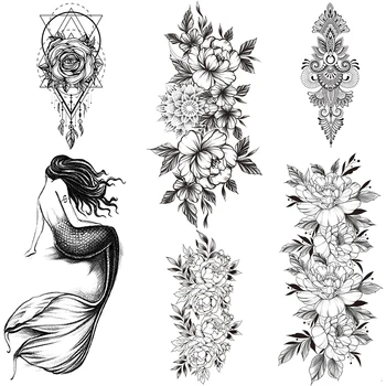 Geometrické Rose Květina Dočasné Tetování Pro Ženy Mehndi Camellia Falešné Tetování Nálepka Krajka Černá Mořská Víla Vodotěsné Tetování Rukou