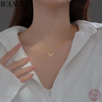 MÁM 925 Sterling Silver Elegantní Statemnet Zlatý Přívěsek Písmeno V se Zirkony Náhrdelník pro Ženy Geometrické Luxusní Svatební Šperky