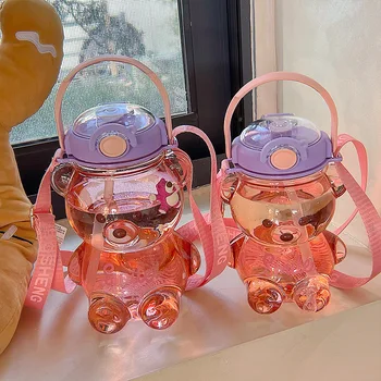 Kawaii Bear Láhev Na Vodu S Brčkem Popruh Velká Kapacita Mléčné Bubble Tea Cup Roztomilé Děti Dívky Školní Venkovní Pití, Láhve Na Vodu