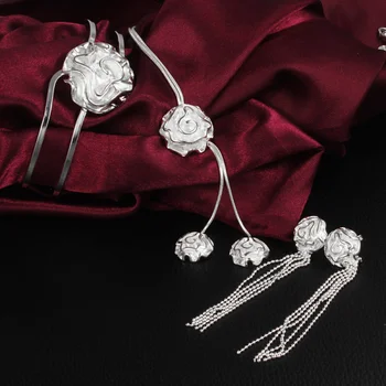 Horké nové 925 Sterling Silver Docela růže květ náramek prsteny, Náramky, náhrdelník náušnice Šperky sady pro ženy, strana, Svátek, dar