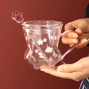 Třešňový Prášek Pro Domácnost Transparentní Izolace Sklenici Vody Cup Kočičí Dráp Hrnek Kreativní Sklo Dvojité Vrstvy Mléka, Kávy Cup Set
