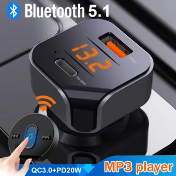 Bluetooth 5.1 FM Vysílač HandsFree W/Dálkové Ovládání Bezdrátová Sada do Auta FM Modulátor QC3.0&PD 20W Nabíječka do Auta MP3 Přehrávač