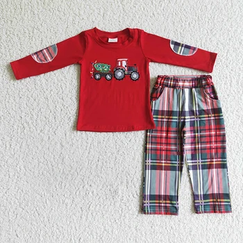 Baby Boy Vánoční Strom Auto Nové Oblečení Výšivky Děti Červené Bavlněné Dlouhý Rukáv Set Kostkované Kalhoty Dětské Oblečení, Kojenecké Pyžamo