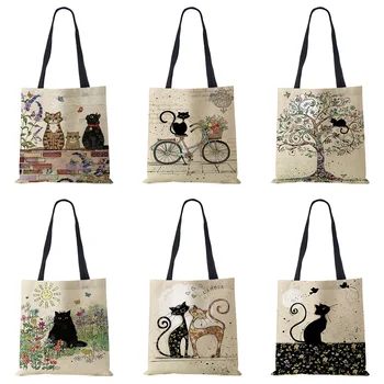Ženy Plátno Tote Bag Tisk Cat Animal Shopper Taška Přes Rameno 2022 Eco Harajuku Neformální Návrhář Velká Kapacita Cestovní Potravinami Ruku