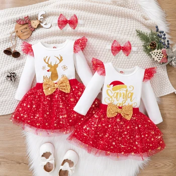 Novorozené Dítě Dívka Vánoční Romper Set Prohrábnout Tisk Kombinézu+Flitry Tutu Sukně+Čelenka Santa Xmas 3KS Oblečení