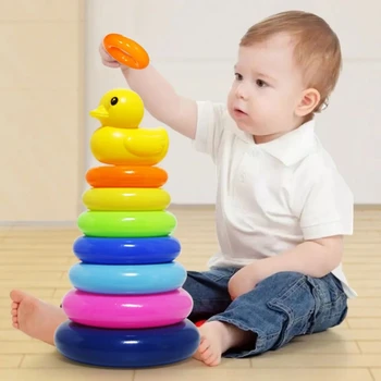 Děti je Malá Žlutá Kachna Rainbow Tower Stohování Prsten Dítě v Raném Dětství Vzdělávací Puzzle Ring Montessoris Hračka, Děti