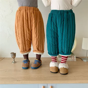 2021 Zimní unisex plná barva manšestrové prošívané kalhoty 2-6 let, Chlapci a dívky módní volné fleece zahustit Hip kalhoty
