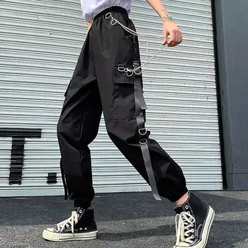 2020 Dámské Cargo Kalhoty Spony Pásu Kapsa Jogger Elastický Pás Vysoké Streetwear Harajuku Punk Prsten Řetězce Ženy Kalhoty