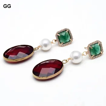 GG Šperky Přírodní Kulaté Bílé Moře Shell Pearl Red Crystal Přívěsek Zelený Krystal CZ Pave Stud Náušnice Pro Ženy