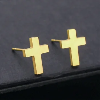 Jednoduchá Zlatá Barva Cross Náušnice z Nerezové Oceli Ježíš Křížové Náušnice pro Ženy Femme Jednoduché Každodenní Šperky
