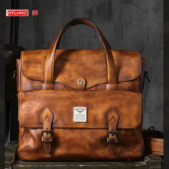 Originální Kožená pánská Kabelka Obchodní Aktovky Muže Laptop Bag Hovězí kůže Rameno Messenger Bag Retro Přenosný Cestovní Tašky