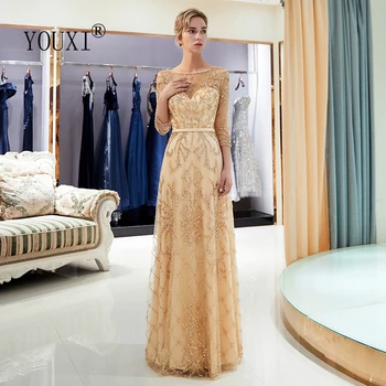 Luxusní Večerní Šaty 2021 Dubaj Korálky Lištování Krystal A-Line Formální Plesové Šaty s 3/4 Rukávy robe de soirée