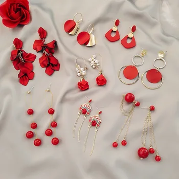Korejský Styl Sladké Červené Srdce Květ Dlouhé Náušnice pro Ženy, Dívky Geometrické Kulaté Květinové Houpat Náušnice Svatební Šperky