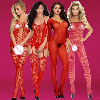 Červené Sexy Bodystockings Ženy, Síťované Otevřené v Rozkroku kombinézy Síťované punčocháče spodní Prádlo Erotické Obleček noční úbory Crotchless Medvídci