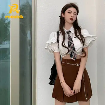 ROENICKA Ženy Vintage Y2K Skládaná Sukně Řetězec Pás Vysoký Pas Mini Sukně Sexy Letní Korean Módní Harajuku Školy dívčí Spodní