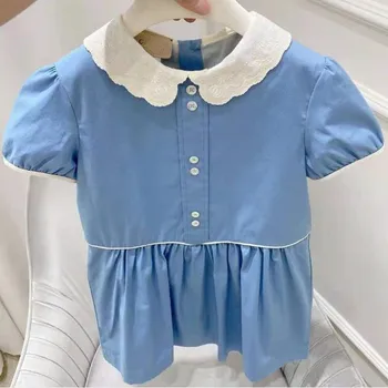 Dítě dívka letní preppy styl modré šaty princezny kids puff rukáv bavlna šití peter pan límec šaty