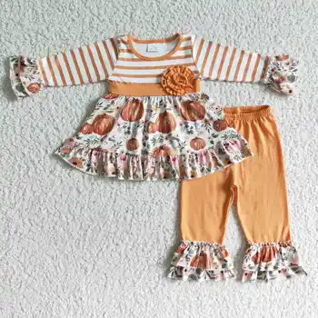 GLP0018 holka dýně a pruhy dlouhý rukáv top zápas oranžové kalhoty halloween oblečení