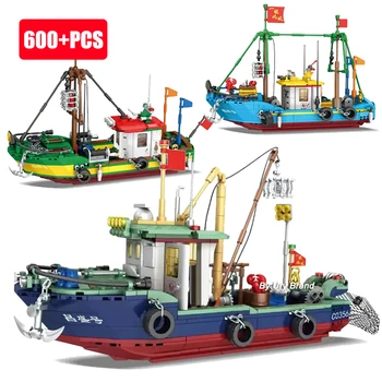 City Rybářský Člun Loď Trawlboat Stavební Bloky Model Pirátské Lodi, Moře Fisher Postavy MOC Hračky pro Děti, Děti, Dárek k Narozeninám