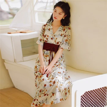 Japonský Styl Moderní Tisk Kimono V-Neck Krátký Rukáv Dlouhé Šaty Čínské Módy Hanfu Elegantní Vintage Dámské Oblečení