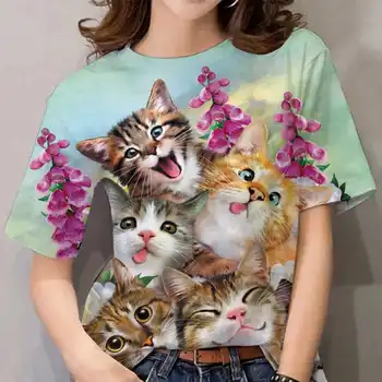 2022 v Létě T-košile, Ženy, Cat Tee 3D Tisk Harajuku Topy Nadrozměrných Ženská Halenka Zvířecí Chlapci Dívky Košile Krátký Neformální Oblečení