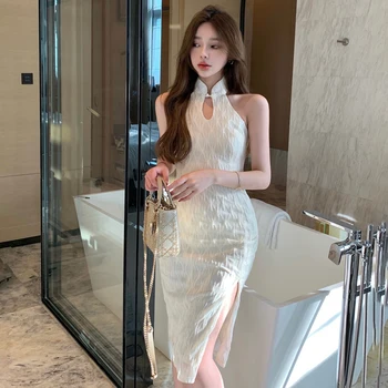 Dámské Bílé Elegantní Qipao Čínské Styl Slim Cheongsam Korejský Módní Bez Rukávů Večerní Šaty Vintage Vestidos Party Šaty