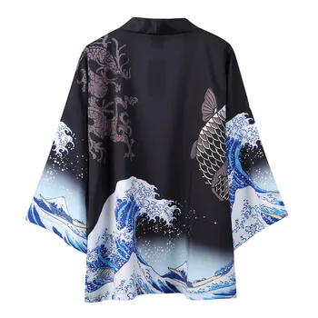 Pláž Yukata Černé Kimono Svetr Ženy Muži Japonské Obi Pánské Japonské Haori Vlna Kapr Tisk Kabát Tradiční Japonské Oblečení