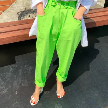 V Létě 2021 Harémové Bílé Kalhoty Ženy Nový Vintage Vysokým Pasem Streetwear Korejský Styl Zelené Kalhoty Ležérní Bavlněné Ženy Oblečení