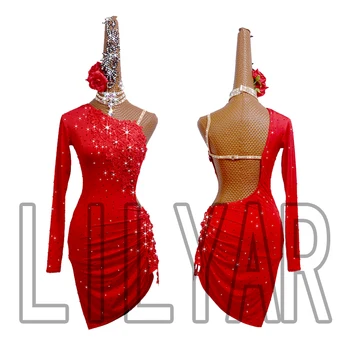 Nové latinské taneční šaty, soutěžní šaty šaty šaty výkonnosti Šaty Erotických vlastní červené vyšívané Taneční Šaty