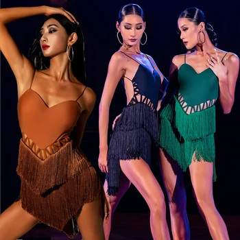 2022 latinské Taneční Šaty, Ženy Soutěžní Šaty Cha Cha Rumba Kostým Samba Taneční Praxe Oblečení Černé Třásně Šaty BL8817