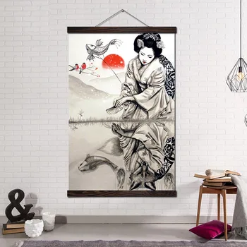 Moderní Umění Zdi Tisku Umění Tisku A Plakát Scroll Zeď Dekor Malířské Plátno Obraz, Bytové Dekorace, Japonská Gejša Žena Fox
