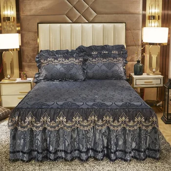 Luxusní Crystal Samet, Ložní Prádlo Kryt Prošívané Krajky Napínací Prostěradlo 3 Boční Pokrytí Drop Prachu Prohrábnout Bed Sukně