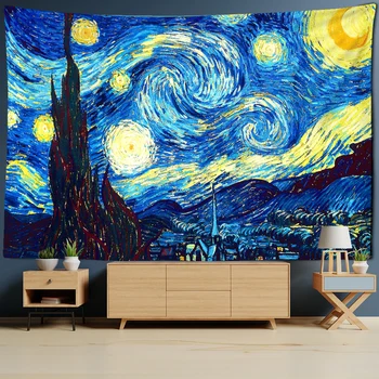 Gobelín Slavné Van Gogh Tisk Deka Zavěšení na Zeď Hvězdy, Měsíc v Noci Tapestry Dekorativní Deka Tkaniny Ložnice 200x150cm Velké