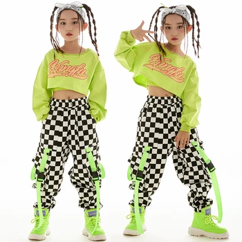 Nové Hip Hop Dance Kostým Dívky Ostříhané Zelené Topy Kostkované Kalhoty Moderní Jazzové Taneční Oblečení Děti Taneční Oblek BL9573